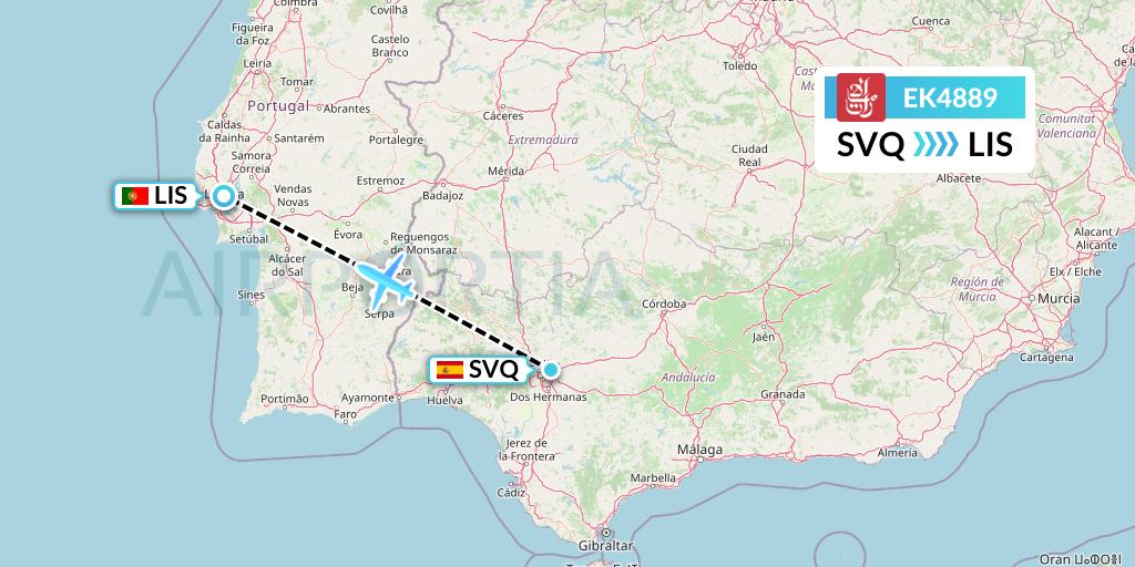 EK4889 Emirates Flight Map: Seville to Lisbon