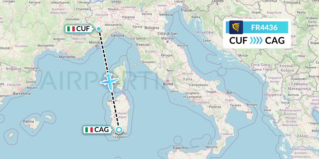 FR4436 Ryanair Flight Map: Cuneo to Cagliari