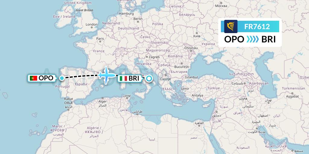 FR7612 Ryanair Flight Map: Porto to Bari