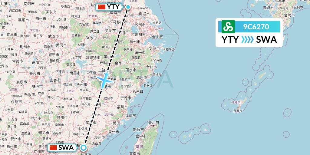 9C6270 Spring Airlines Flight Map: Yangzhou to Jieyang
