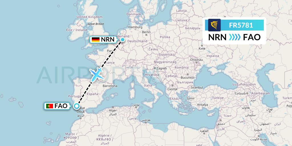 FR5781 Ryanair Flight Map: Weeze to Faro