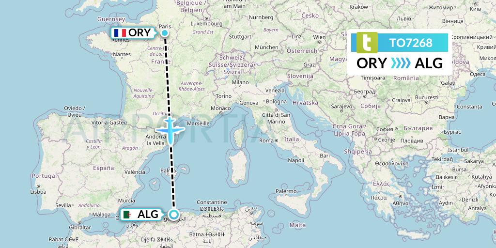 TO7268 Transavia France Flight Map: Paris to Algiers