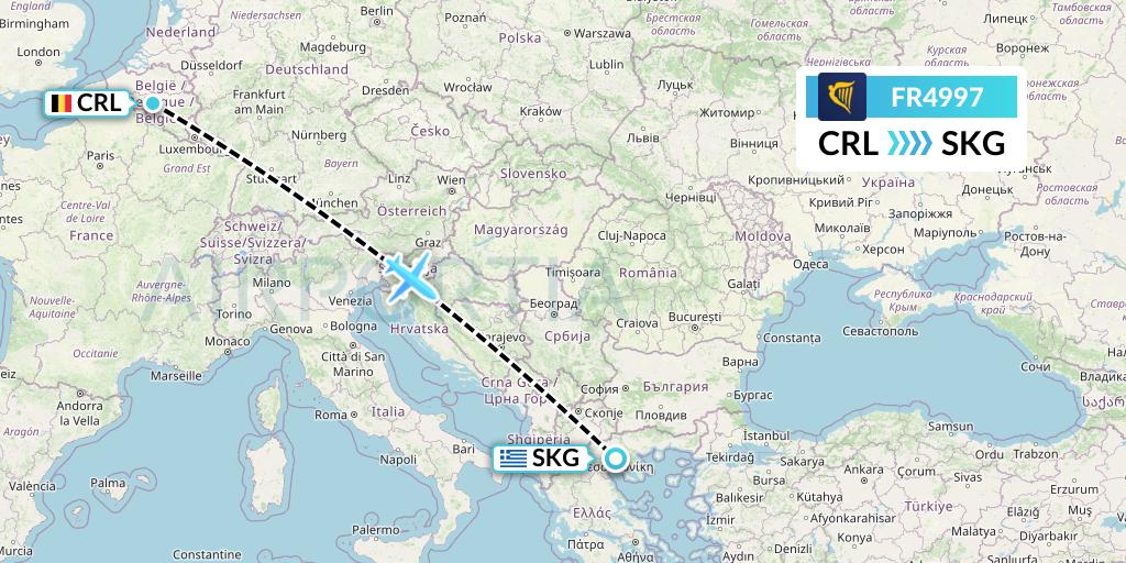 FR4997 Ryanair Flight Map: Brussels to Thessaloniki