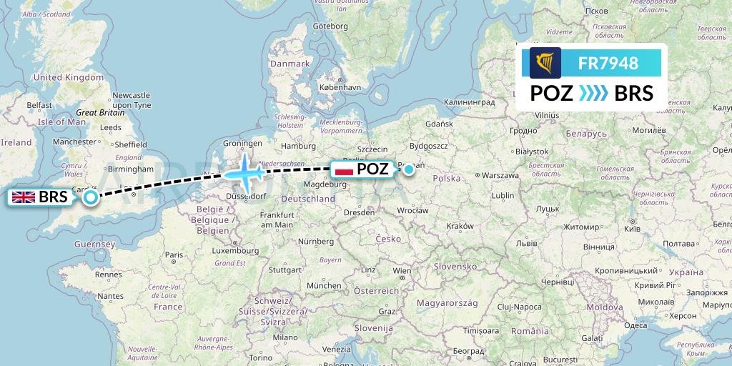 FR7948 Ryanair Flight Map: Poznan to Bristol