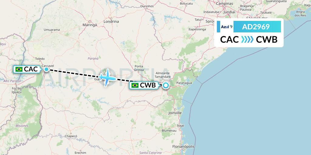 AD2969 Azul Brazilian Airlines Flight Map: Cascavel to Curitiba