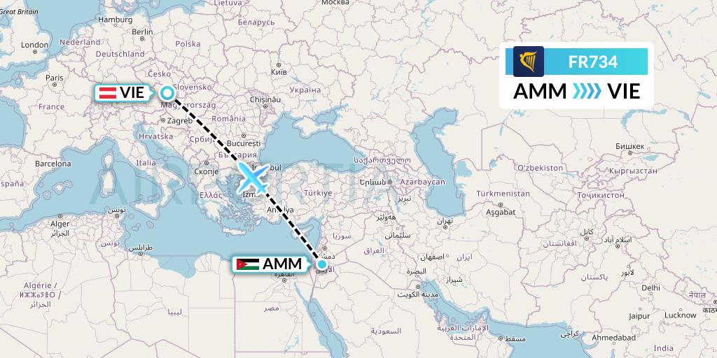 FR734 Ryanair Flight Map: Amman to Vienna