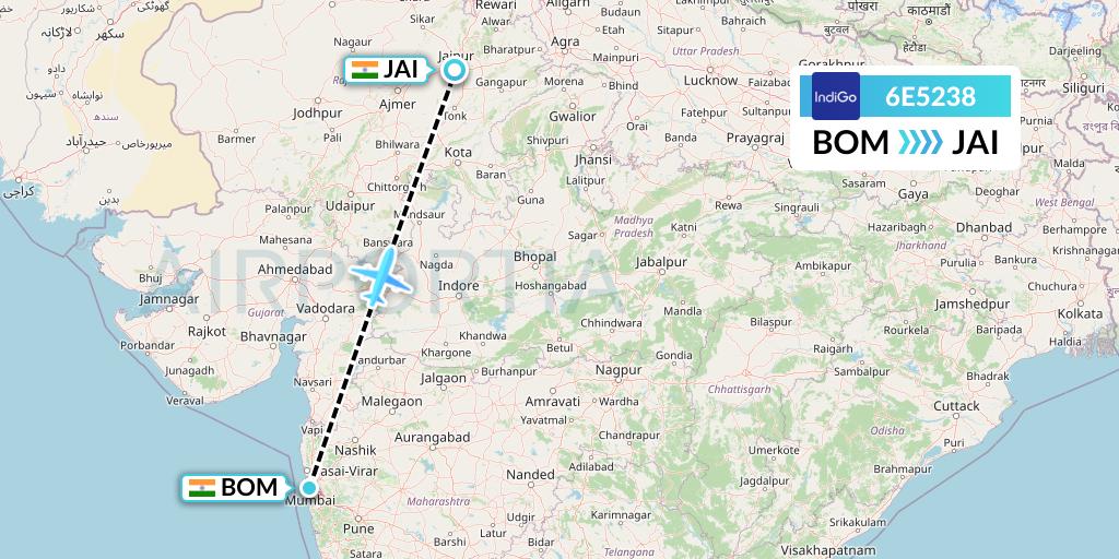 6E5238 IndiGo Airlines Flight Map: Mumbai to Jaipur