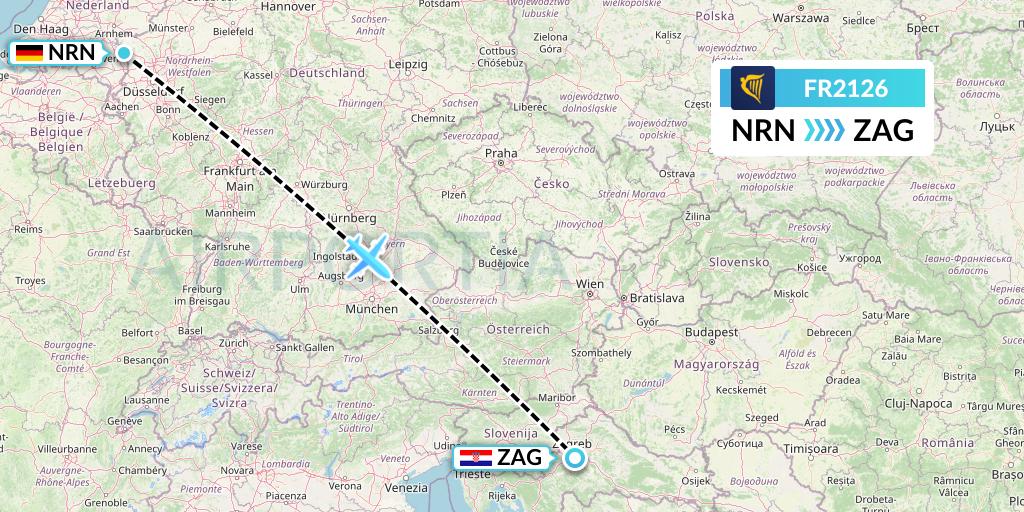 FR2126 Ryanair Flight Map: Weeze to Zagreb
