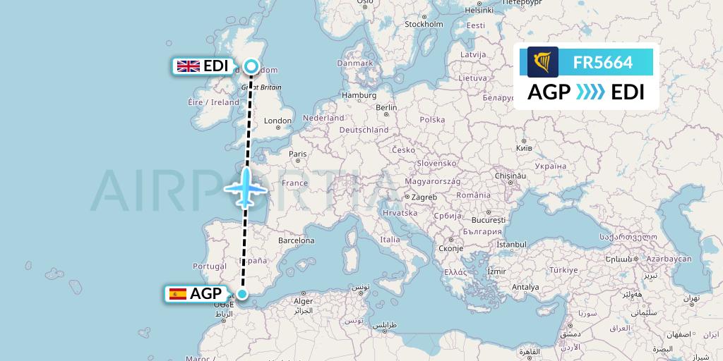 FR5664 Ryanair Flight Map: Malaga to Edinburgh