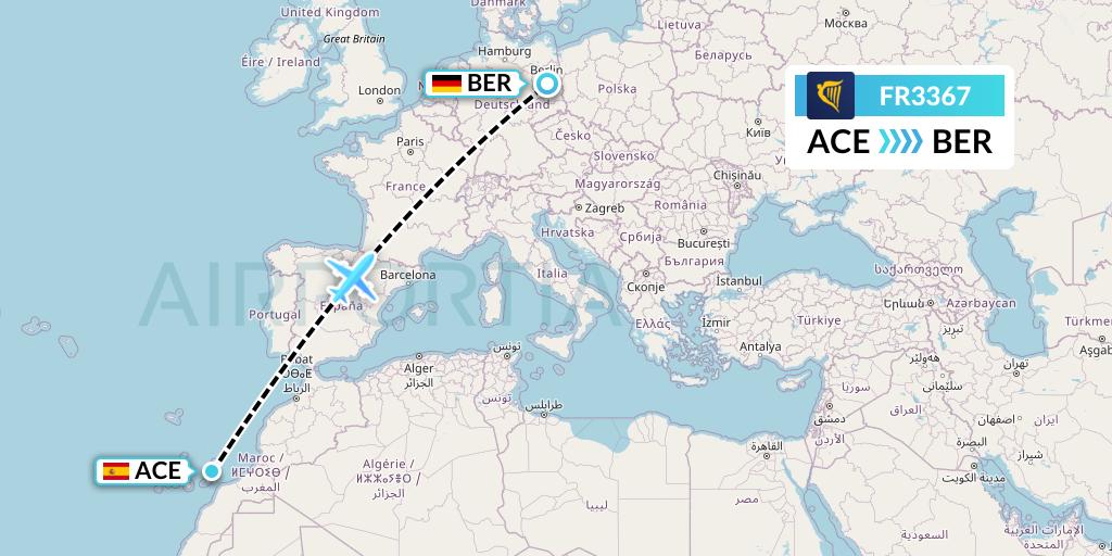 FR3367 Ryanair Flight Map: Lanzarote to Berlin