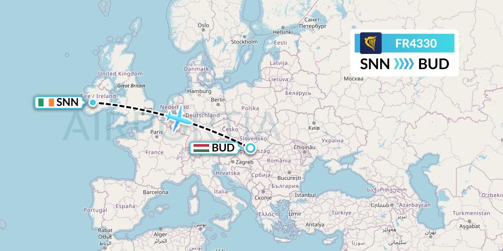FR4330 Ryanair Flight Map: Shannon to Budapest