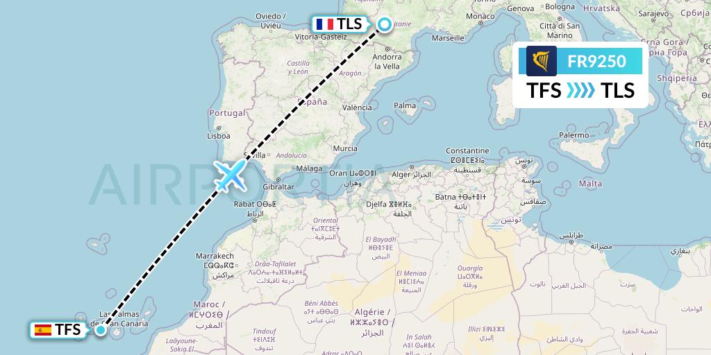 FR9250 Ryanair Flight Map: Tenerife to Toulouse