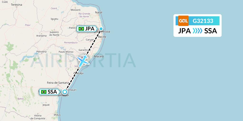 G32133 GOL Transportes Aeros Flight Map: Joao Pessoa to Salvador