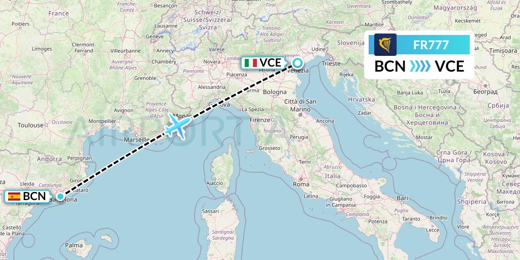 FR777 Ryanair Flight Map: Barcelona to Venice