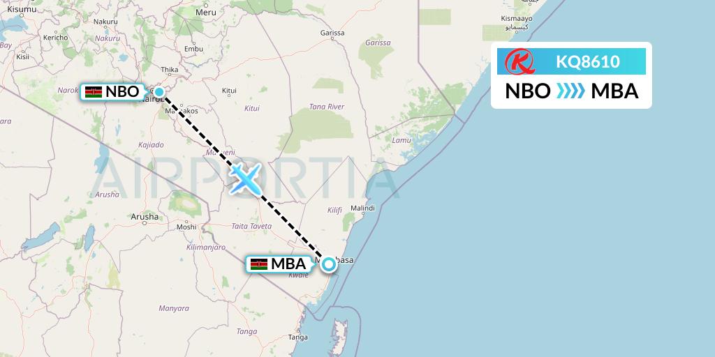 KQ8610 Kenya Airways Flight Map: Nairobi to Mombasa