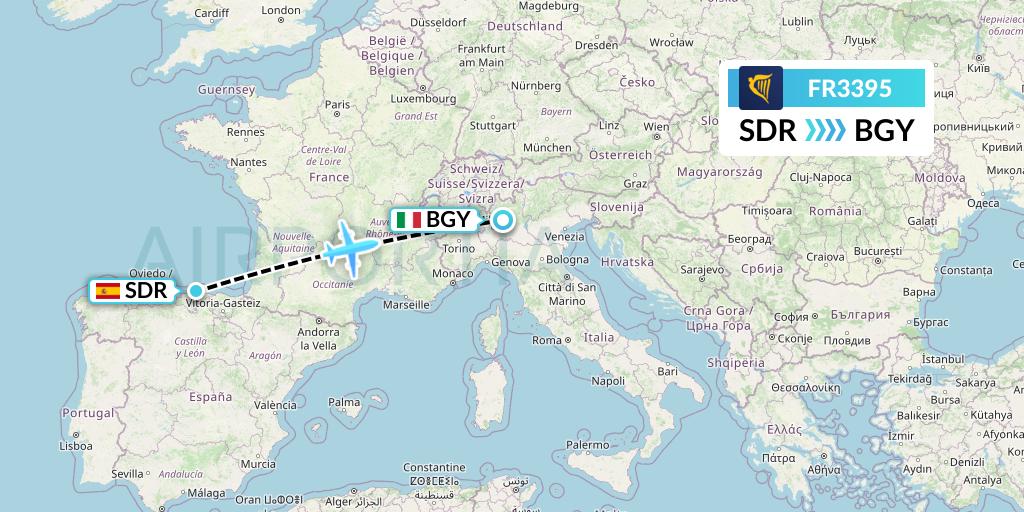 FR3395 Ryanair Flight Map: Santander to Milan