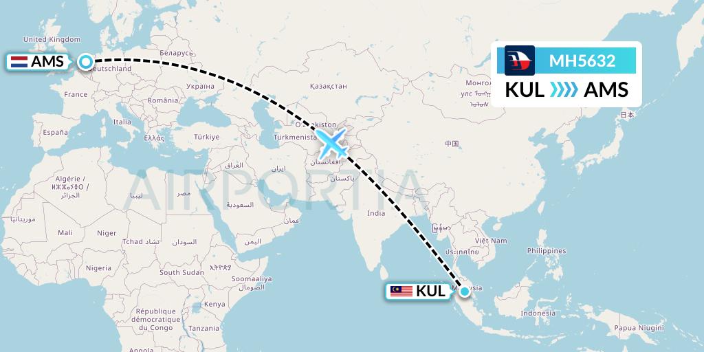 MH5632 Malaysia Airlines Flight Map: Kuala Lumpur to Amsterdam