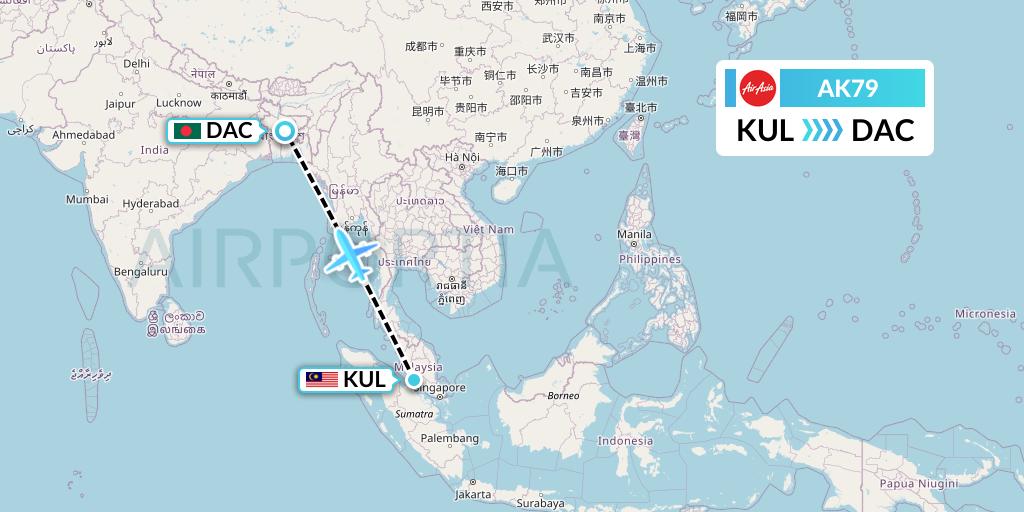AK79 AirAsia Flight Map: Kuala Lumpur to Dhaka