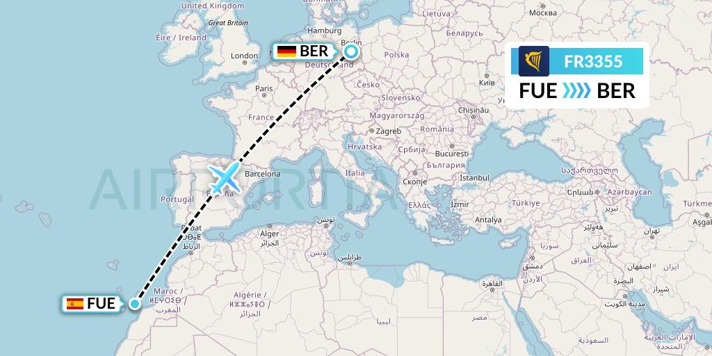 FR3355 Ryanair Flight Map: Fuerteventura to Berlin