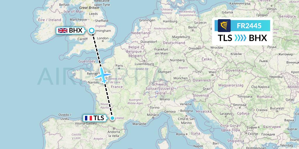 FR2445 Ryanair Flight Map: Toulouse to Birmingham