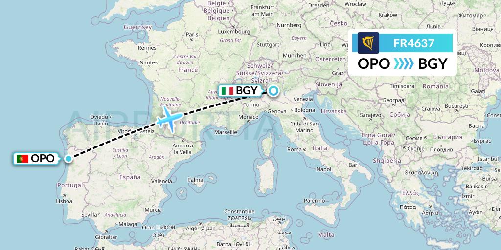 FR4637 Ryanair Flight Map: Porto to Milan