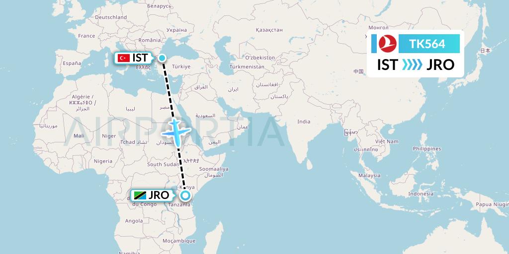 TK564 Turkish Airlines Flight Map: Istanbul to Kilimanjaro