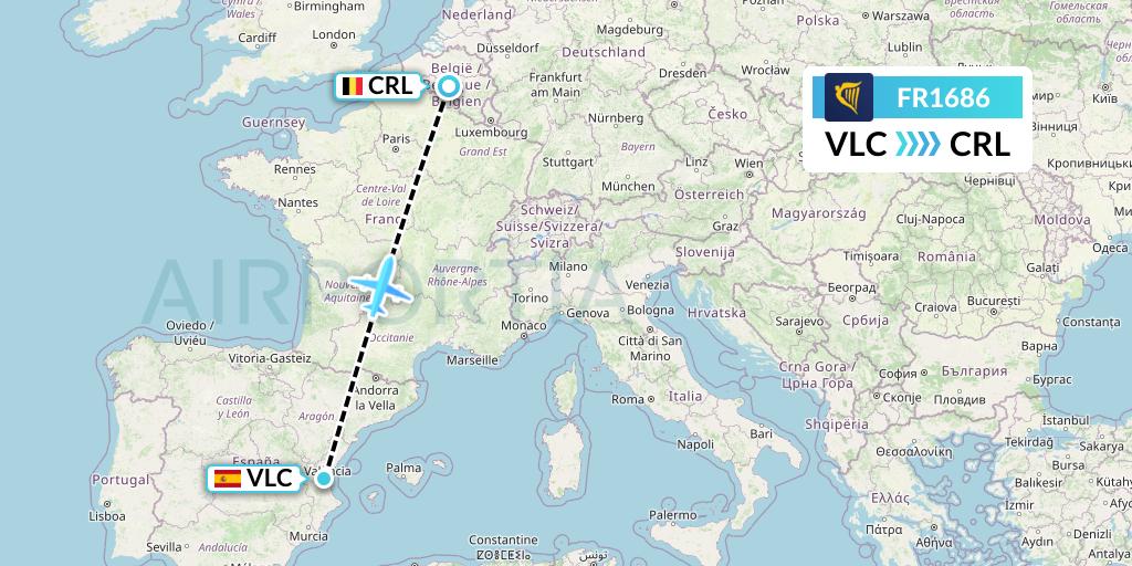 FR1686 Ryanair Flight Map: Valencia to Brussels