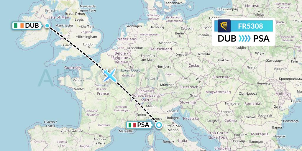 FR5308 Ryanair Flight Map: Dublin to Pisa
