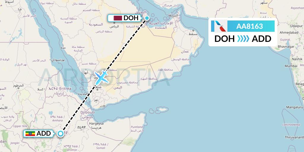 AA8163 American Airlines Flight Map: Doha to Addis Ababa