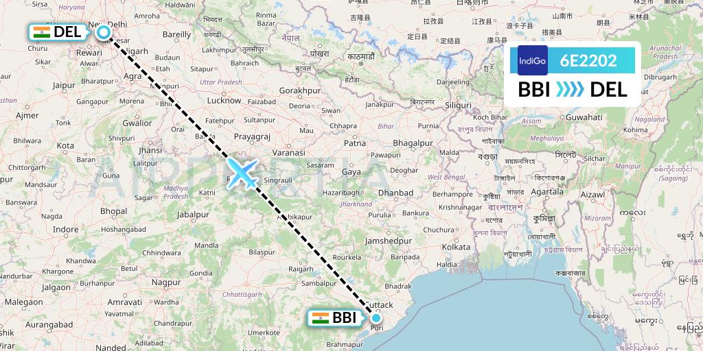 6E2202 IndiGo Airlines Flight Map: Bhubaneswar to Delhi