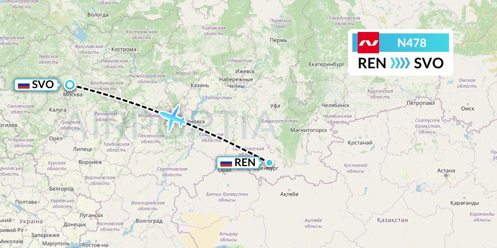 N478 Nordwind Airlines Flight Map: Orenburg to Moscow
