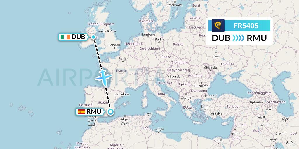 FR5405 Ryanair Flight Map: Dublin to Murcia