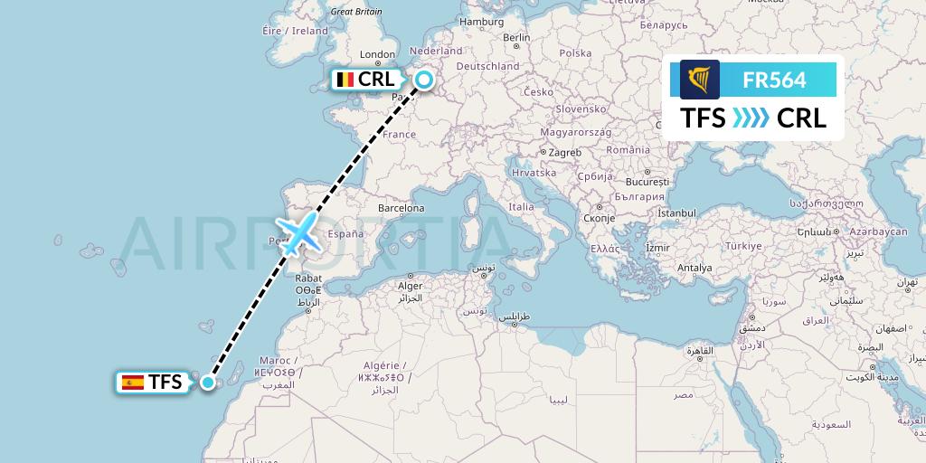 FR564 Ryanair Flight Map: Tenerife to Brussels