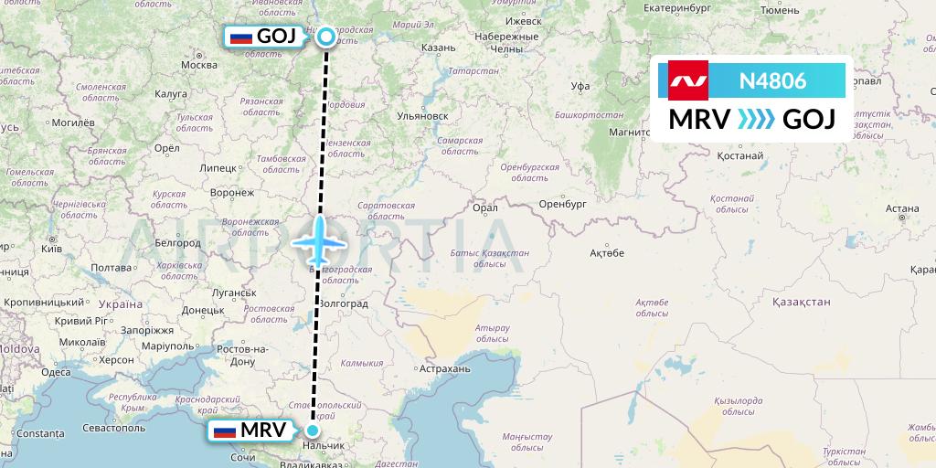 N4806 Nordwind Airlines Flight Map: Mineralnye Vody to Nizhny Novgorod