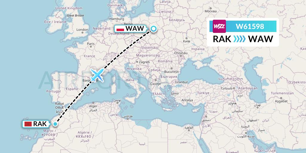 W61598 Wizz Air Flight Map: Marrakesh to Warsaw