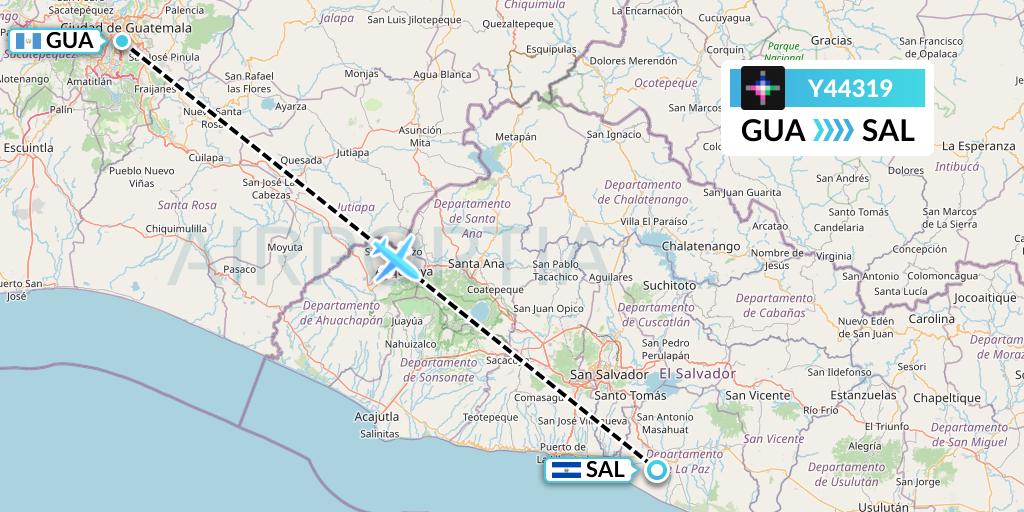 Y44319 Volaris Flight Map: Guatemala City to San Salvador
