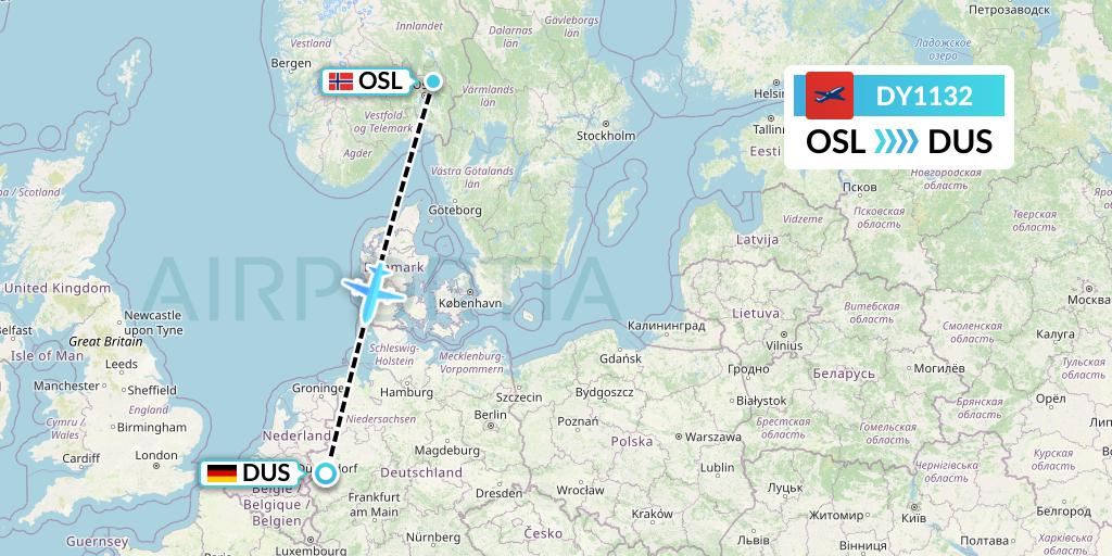 DY1132 Norwegian Flight Map: Oslo to Dusseldorf