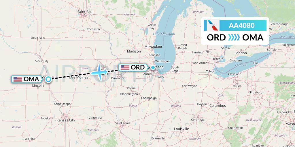 AA4080 American Airlines Flight Map: Chicago to Omaha