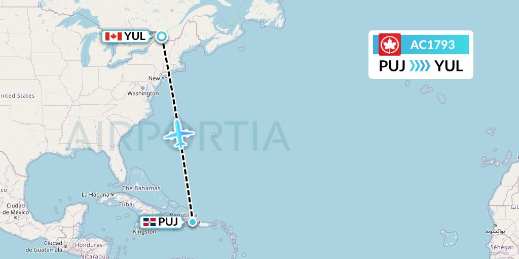 AC1793 Air Canada Flight Map: Punta Cana to Montreal