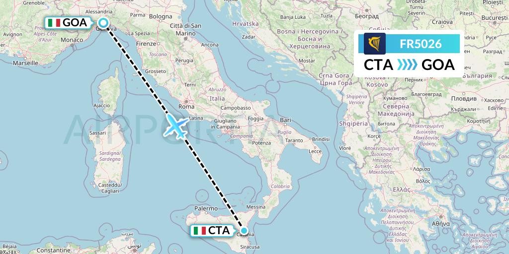 FR5026 Ryanair Flight Map: Catania to Genoa