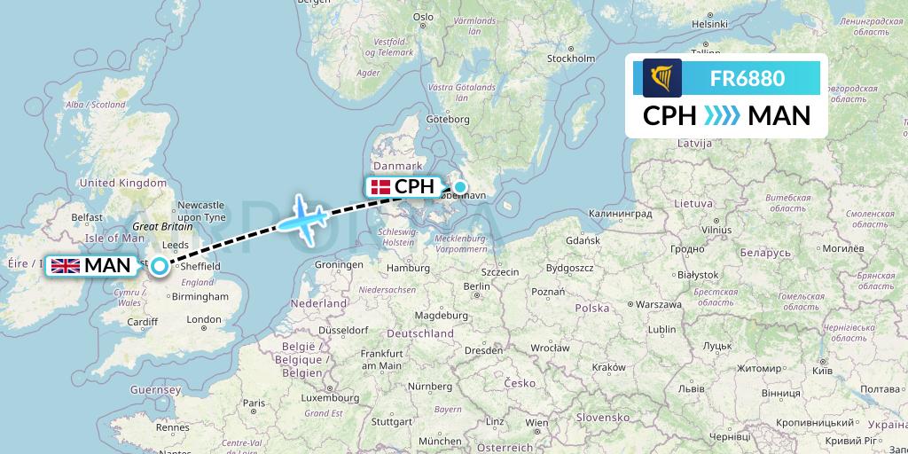 FR6880 Ryanair Flight Map: Copenhagen to Manchester