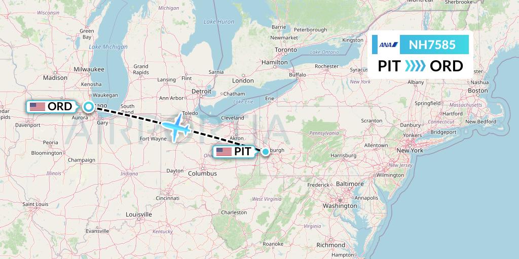NH7585 All Nippon Airways Flight Map: Pittsburgh to Chicago