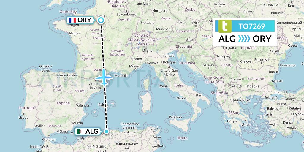 TO7269 Transavia France Flight Map: Algiers to Paris