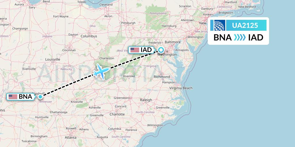 UA2125 United Airlines Flight Map: Nashville to Washington