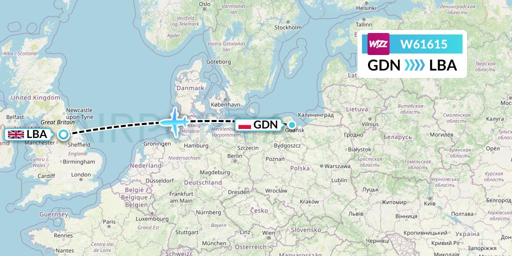 W61615 Wizz Air Flight Map: Gdansk to Leeds