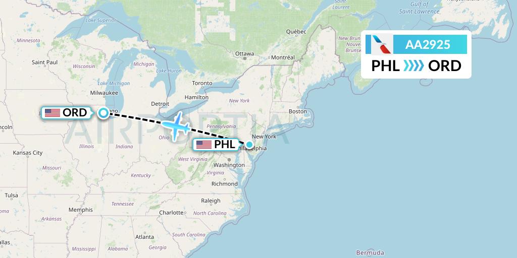 AA2925 American Airlines Flight Map: Philadelphia to Chicago