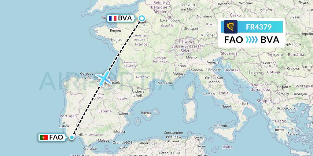 FR4379 Ryanair Flight Map: Faro to Paris