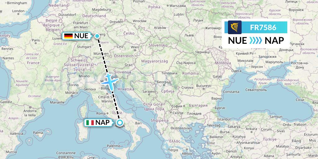 FR7586 Ryanair Flight Map: Nurnberg to Naples