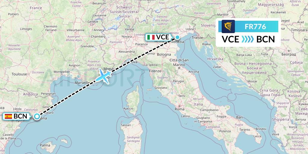 FR776 Ryanair Flight Map: Venice to Barcelona