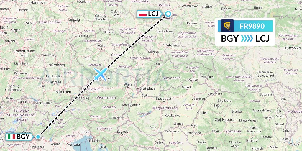 FR9890 Ryanair Flight Map: Milan to Lodz